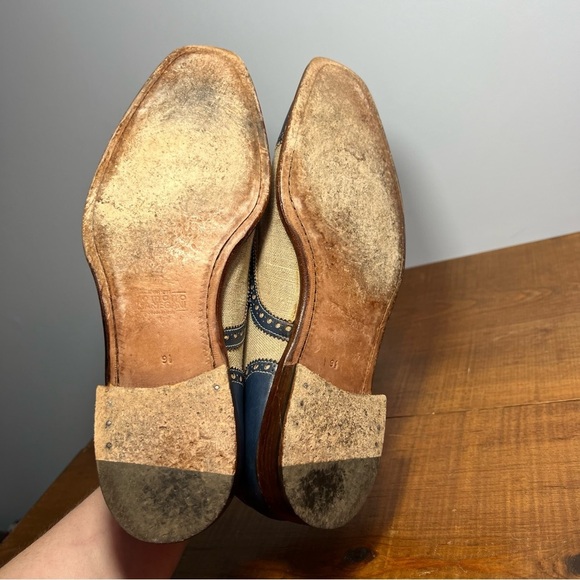 Romano Martegani for Francos handmade brogue oxford blue leather cream linen 9.5 - Picture 13 of 15
